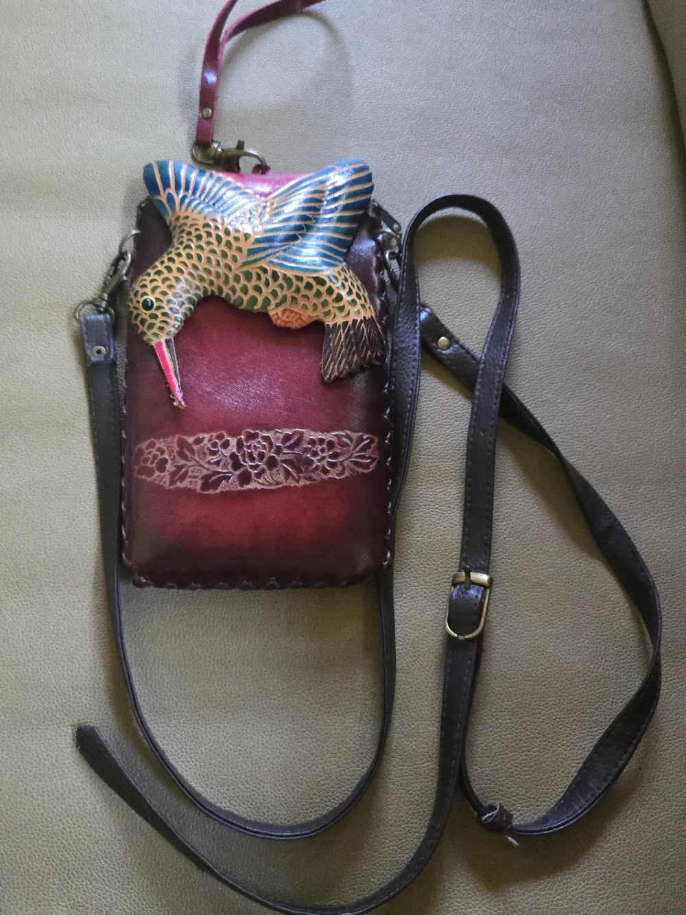 Handmade Burgundy Leather Crossbody Bag with Colorful Hummingbird Accent